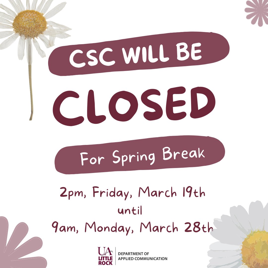 CommSkillCenter's tweet image. The UA Little Rock Communication Skills Center will be closed from 2pm, Friday, March 18th until 9am, Monday, March 28th.  We hope everyone has a safe and relaxing Spring break, and we look forward to seeing you when we return! 🏖🕶☀️