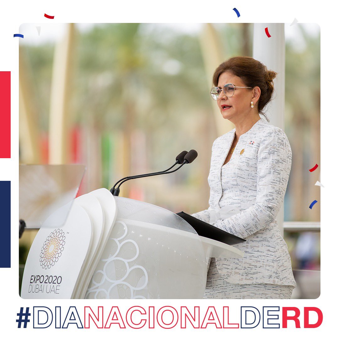 Durante su participación en las actividades realizadas por el #DíaNacionalDeRD en #Expo2020 #Dubái, la vicepresidenta de la República, #RaquelPeña, en su discurso central promovió a #RD, como un país que goza de un clima favorable para la inversión con normas claras y estabilidad