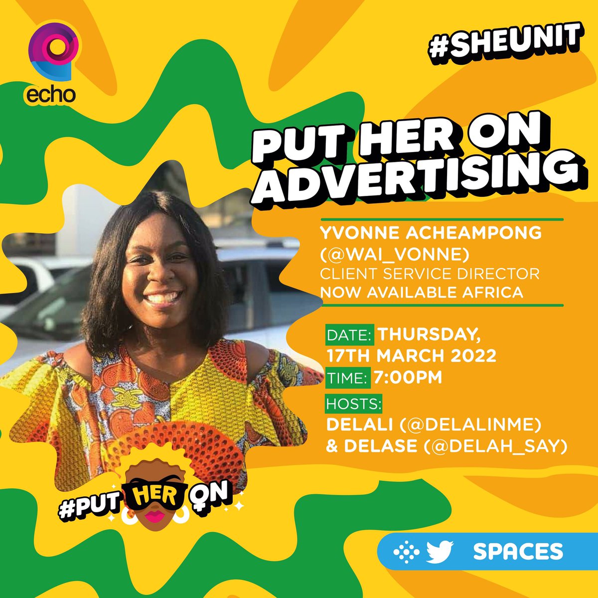 As we break biases this Women's Month, it is important to put each other on opportunities in our various industries.

Join this evening’s Space with <a href="/mzmills/">MsMills</a> <a href="/yaa1308/">Yaa</a> <a href="/audrey_quaye/">SagarrWele</a> and <a href="/wai_vonne/">mademoiselleacheampong</a> as we delve into the future of women in advertising.
#PutHerOn #BreakTheBias