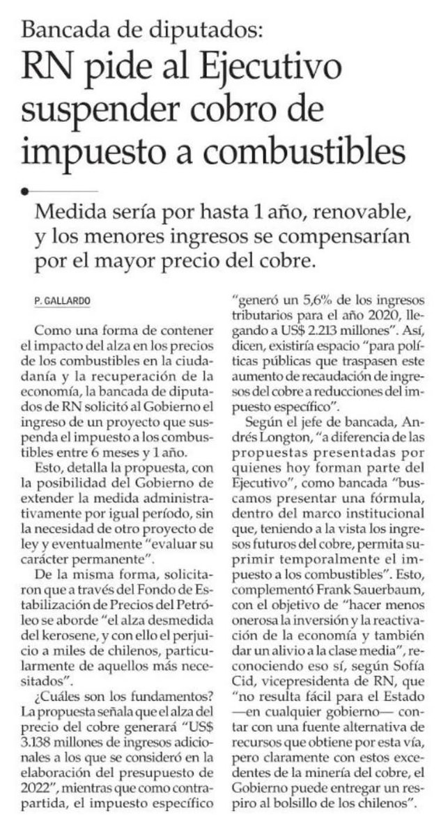 Solicitamos al Gobierno la suspensión del impuesto al combustible, incluida la propuesta de la Fuente de Financiamiento. 
Es urgente un alivio para las familias, dado el alza en los combustibles y el aumento del IPC.