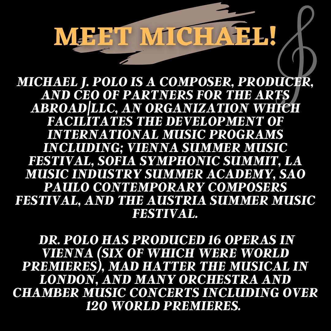 Impresario_Game's tweet photo. Meet Michael! Michael J. Polo is a composer, producer, and CEO of Partners for the Arts Abroad|LLC, an organization which facilitates the development of international music programs. Dr. Polo has produced 16 operas in Vienna, Mad Hatter the Musical in London, and many more! https://t.co/57HPOdC7mC
