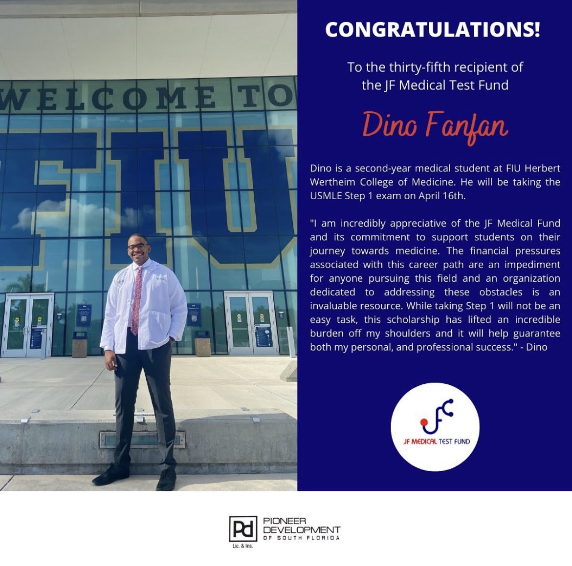 jfmedtestfund's tweet photo. Happy to announce that we have officially funded 35 exams since the start up of our fund! Congratulations Dino! 👏🏼🎊 go show them what you are made of this upcoming April! @FIUMedicine #USMLE #MedTwitter #boardexam2022 https://t.co/N81WclBNGl