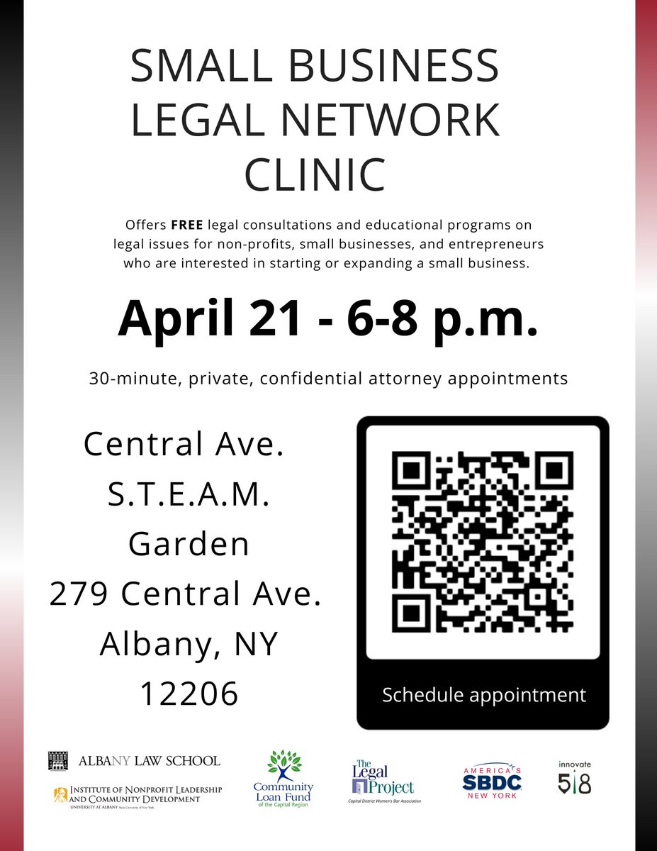 CommDevClinic's tweet photo. Our next Small Business Legal Network Clinic will take place on April 21 from 6 to 8 pm. The clinic provides small business owners, nonprofit leaders, and potential entrepreneurs to receive a free brief legal advice consult with an attorney and law students. Sign up using QR code https://t.co/kKDyep8qjX