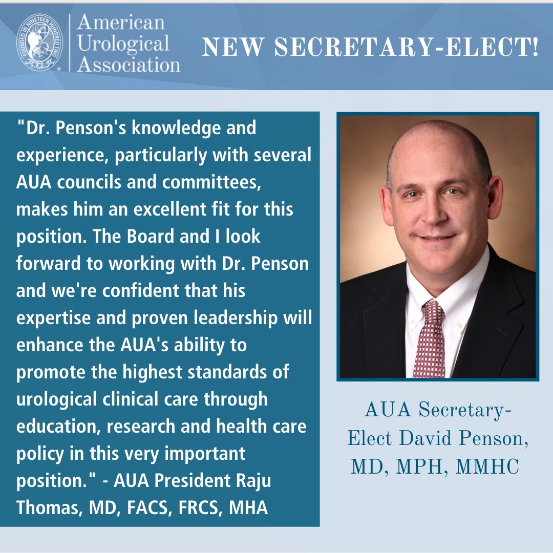 Amer. Urol. Assn. (@amerurological) on Twitter photo We are pleased to announce David Penson, MD, MPH, MMHC, has been named Secretary-elect, a position he will assume in May 2022 with ratification at #AUA22, and hold until May 2023 when he will become Secretary of the Association. #UroSoMe
Press Release➡️ auanet.mediaroom.com/2022-03-17-The… We are pleased to announce David Penson, MD, MPH, MMHC, has been named Secretary-elect, a position he will assume in May 2022 with ratification at #AUA22, and hold until May 2023 when he will become Secretary of the Association. #UroSoMe
Press Release➡️ auanet.mediaroom.com/2022-03-17-The…
