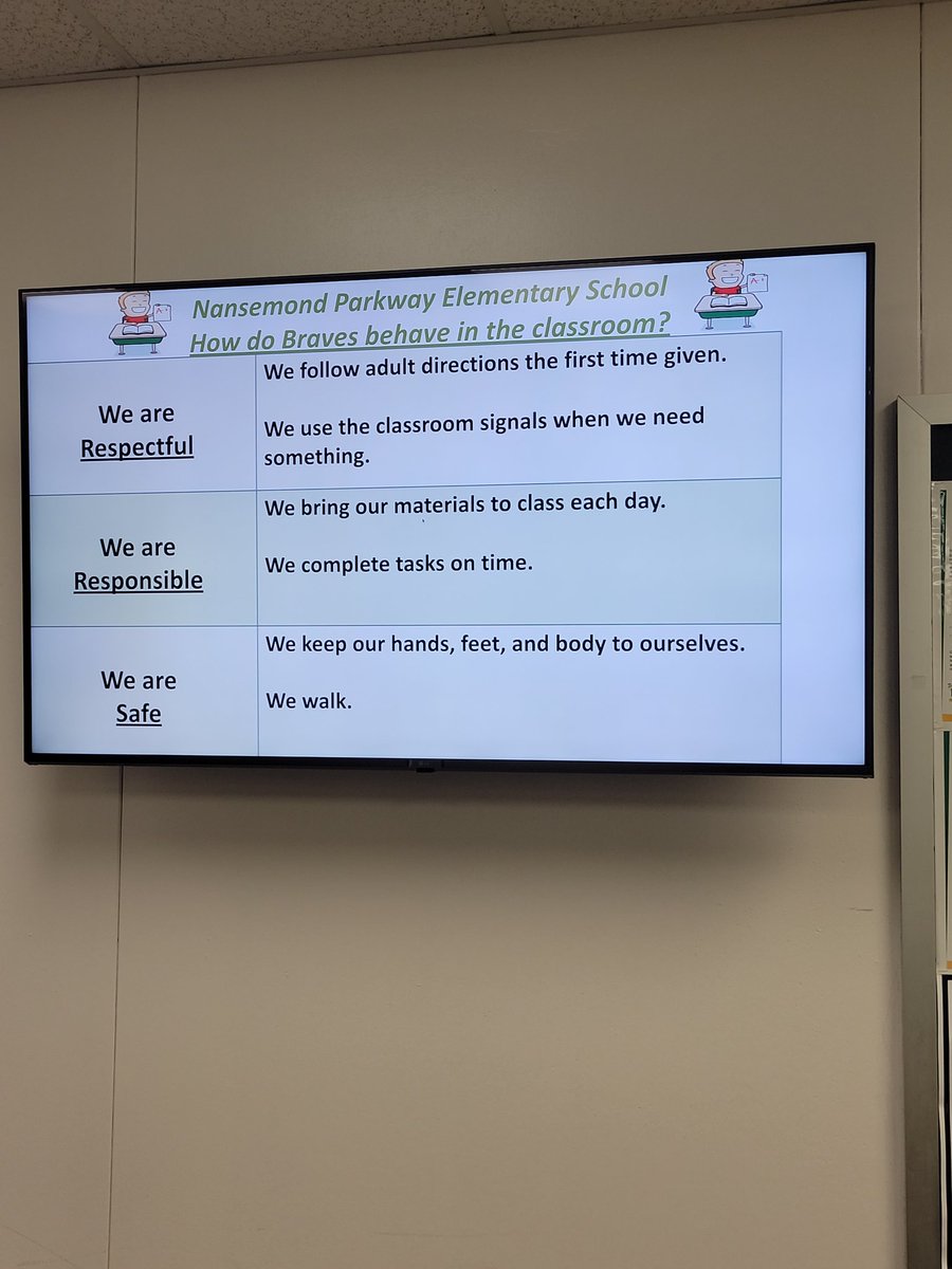 CoachDeversToo's tweet photo. Loving these new screens that have been placed in the buildings.  @NPESbraves3012 is making their message clear!  They are a kid first, bully-free, PBIS school!  #BuildingtheBestSPS #PBIS @SufVAschools @drjbg3 https://t.co/bmldr9h2hn
