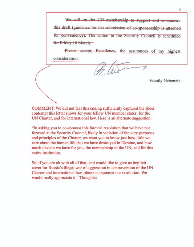 Thank you @RussiaUN for your letter dated March 16. Please see our suggested edits below. #StandWithUkraine #RespectTheCharter
