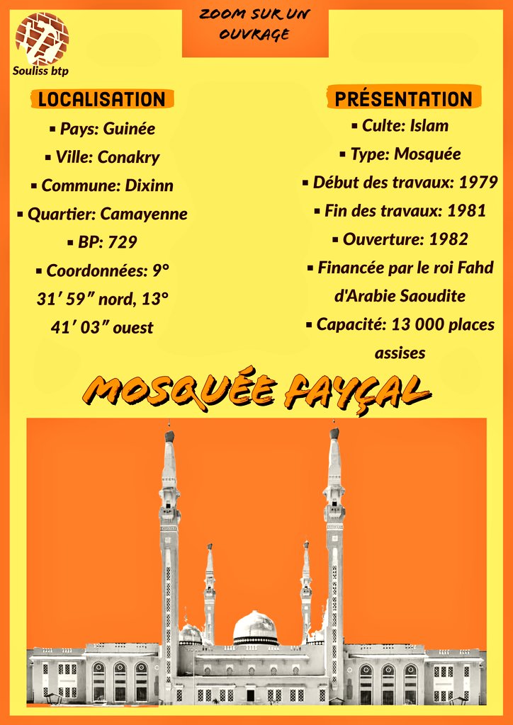 SoulissBtp's tweet photo. 🔍 Zoom sur un ouvrage ⬇️⬇️⬇️
Construite entre 1979 et 1981 sous Ahmed Sékou Touré et financée par le roi Fahd d'Arabie Saoudite. La mosquée Fayçal est la plus grande mosquée de Guinée et l'une des plus grandes d'Afrique de l'Ouest...
#soulissbtp #Guinee #construction https://t.co/WY5Vo9Suvv