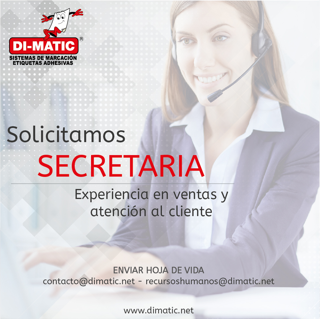 dimaticltda's tweet image. #TrabajoSiHay #Bogota #Secretaria 
¿Quieres ser parte de nuestro equipo?  
Requerimos excelente presentación personal, habilidades de servicio, actitud de proactiva, con facilidad de expresión oral y escrita, disciplina y organización.
Envía HV: recursoshumanos@dimatic.net