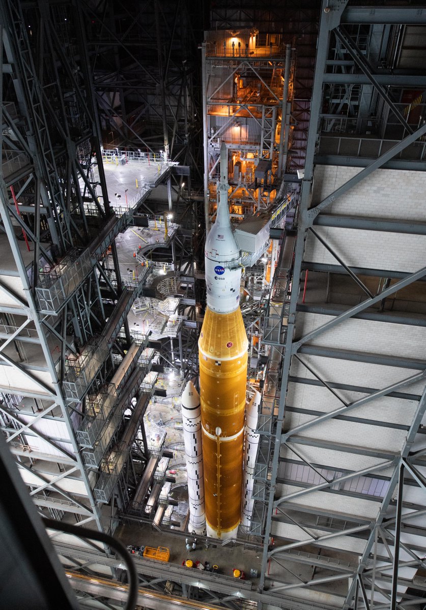NASA’s Space Launch System rocket with the Orion spacecraft aboard is seen atop a mobile launcher in the Vehicle Assembly Building at NASA’s Kennedy Space Center in Florida. 