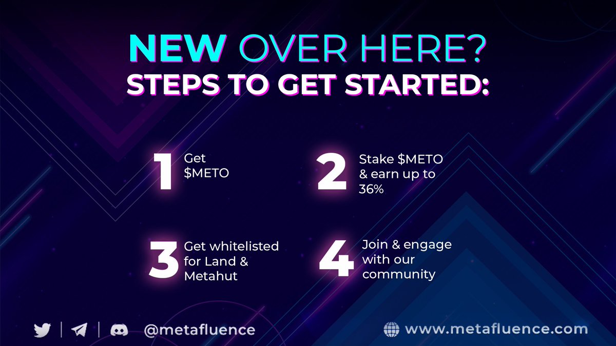 💡 If you’ve recently found out about #Metafluence, here is what you can do to join and support the project:

1) 📈 Get $METO
2) 💰 Stake $METO with up to 36% APY
3) ✅ Get whitelisted for the #Land and 
#Metahut sale
4) 👥 Join our #community groups