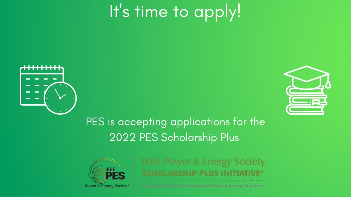 ieeepesscholars's tweet photo. It is time to submit your applications for the PES Scholarship Plus. You can receive $2,000 towards educational expenses, as well as internships and professional mentoring. The deadline for 2022 is May 1.
Apply here- https://t.co/7DKGx4lm8Z https://t.co/T3JsFOtNxH