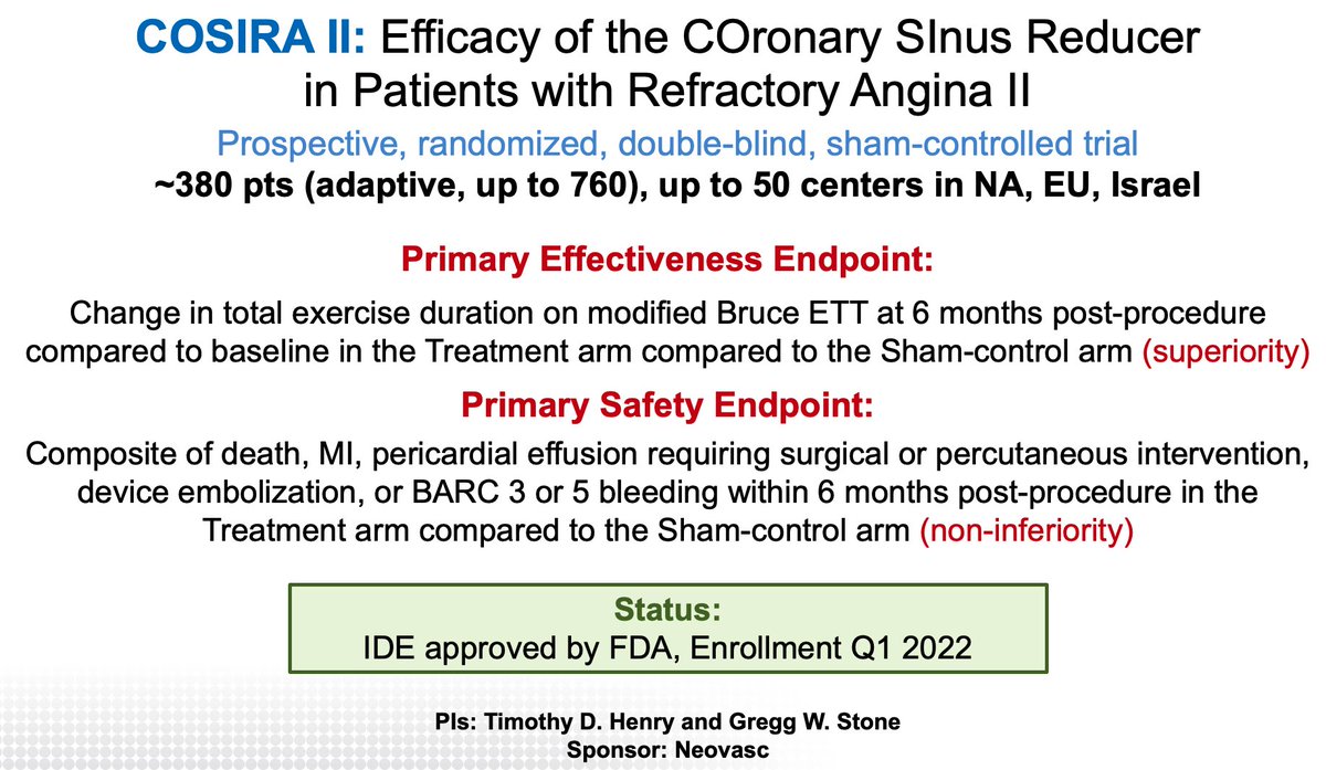 GreggWStone's tweet photo. Sham-controlled COSIRA II RCT evaluating the coronary sinus REDUCER in pts w/refractory angina due to untreatable CAD has begun. Pivotal FDA IDE trial for US approval if safe and effective. Currently class IIb in the EU guidelines based on the positive predicate COSIRA I trial. https://t.co/dWS1KdRr4X