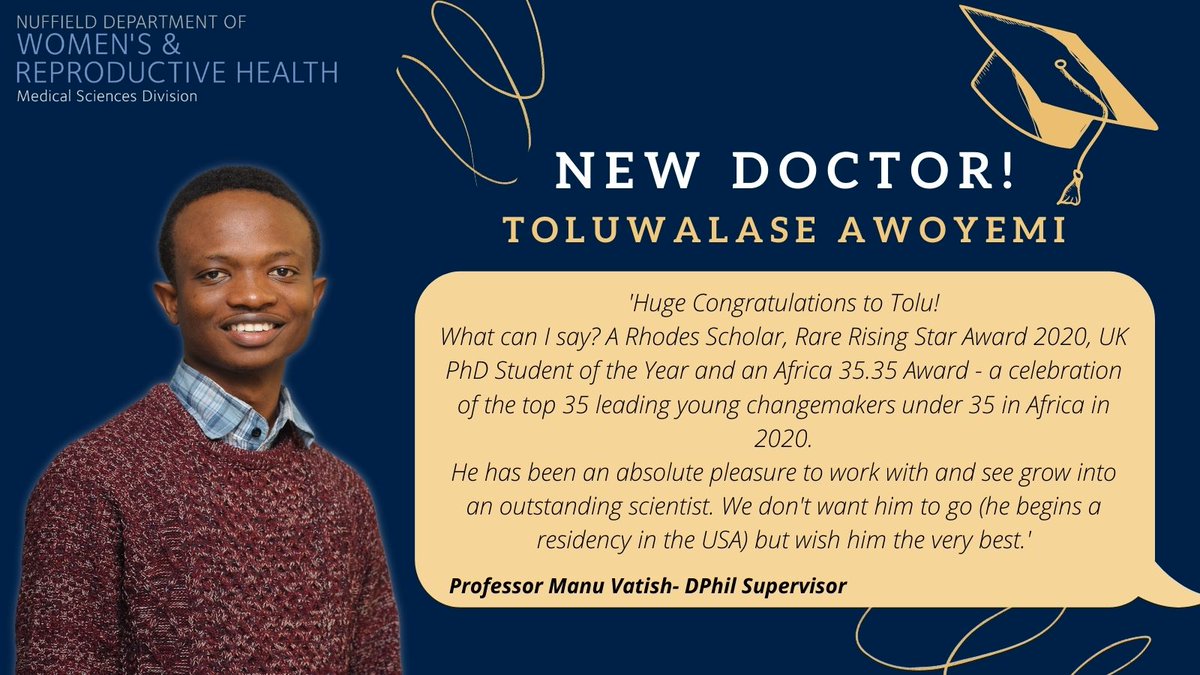 Please allow me to reintroduce myself:

Dr. Dr. Toluwalase Awoyemi
MB;BS with distinction(Ibadan) PhD/DPhil (Oxford)

I am so grateful to God, supervisors, mentors, Team Manu, Team Kennedy funding bodies and my support network. 
@rhodes_trust
@Ox_wrh
@HertfordCollege
#doubledocs