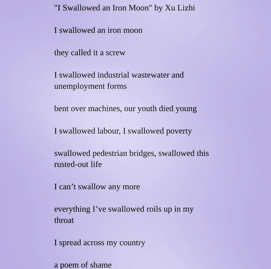 moekaimnida's tweet photo. "I Swallowed an Iron Moon" by Xu Lizhi
Translated by Eleanor Goodman
#laborpoetry #chinesepoetry #workingclassliterature https://t.co/0vIdfhxIl2