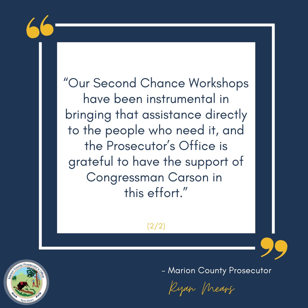 MCProsecutors's tweet photo. Our Second Chance Workshops have received $96,000 in federal support.

This funding has been secured by @RepAndreCarson as part of the American Restoration Act of 2021, signed into law by @POTUS on March 15. https://t.co/SFcJgdiOFd