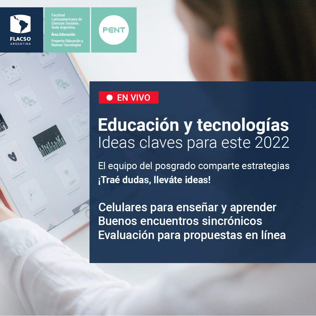 sol_arreguez's tweet photo. #EduTecno Llega un nuevo vivo del @pent_flacso 🙌🏼 Fabio Tarasow, @corirogovsky y @monicatrech compartirán estrategias e ideas que nos ayuden en este 2022.
📌 Martes 23 de marzo a las 19 hs.
📌 Por YouTube por inscripción previa
📌 Inscripción en https://t.co/qkuLJfwZUN https://t.co/f1ZkLUBkZ8