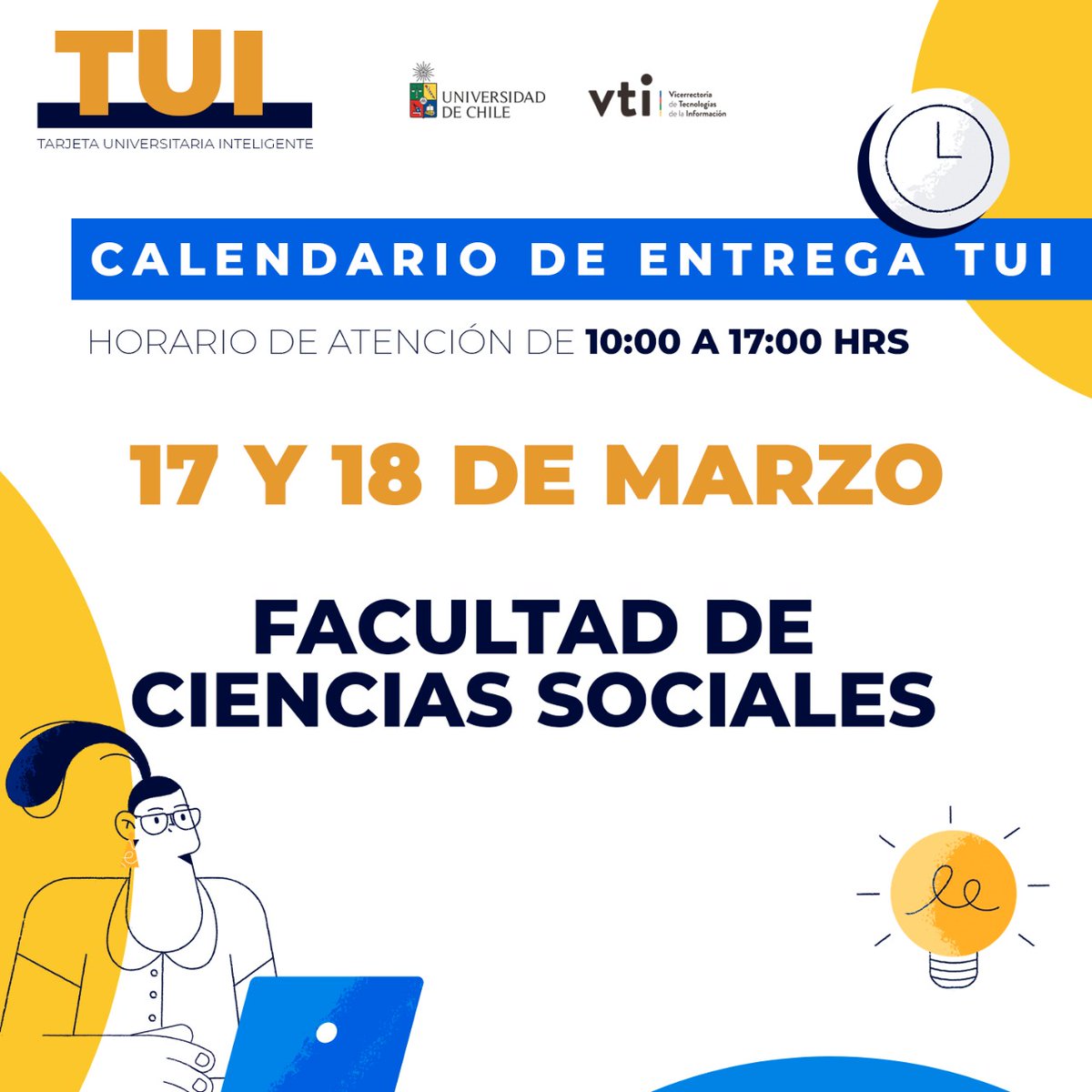 VTI_Uchile's tweet photo. A esta hora continúa la entrega de la TUI, Tarjeta Universitaria Inteligente para los #mechones y #mechonas de la facultad de Ciencias Sociales.
¿Para que sirve la TUI?
Es tu identificación como estudiante de la @uchile y para acceder a los servicios de las bibliotecas. https://t.co/43g96PmeV1