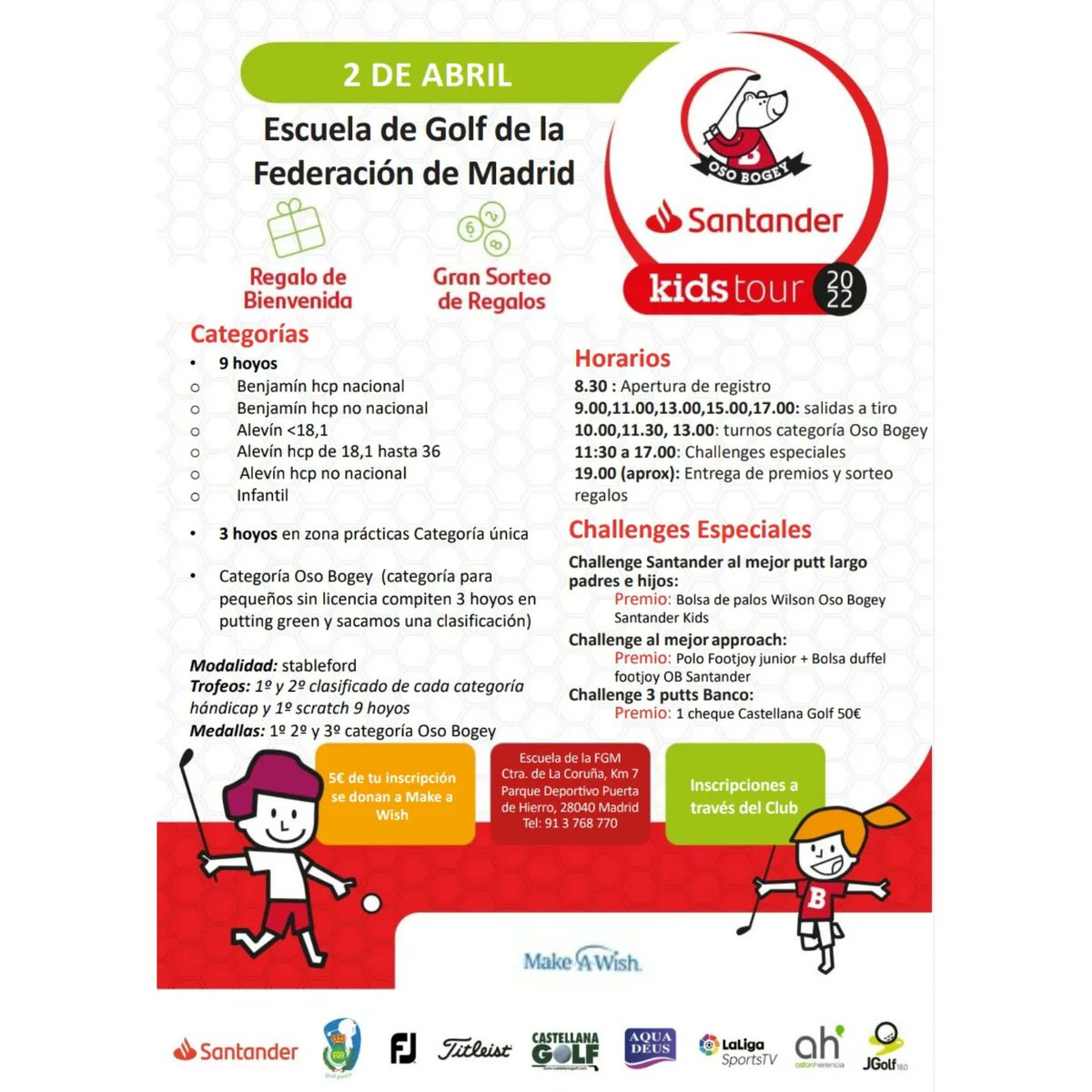 ¡INSCRIPCIONES ABIERTAS! #osobogeysantanderkidstour🏌️‍♂️ en @ctgolfmadrid el 2 de abril. Os dejo toda la info aquí. 

Podéis inscribiros
-  a 9 hoyos: a través de nextcaddy

- A categoría oso bogey: a través de la Escuela