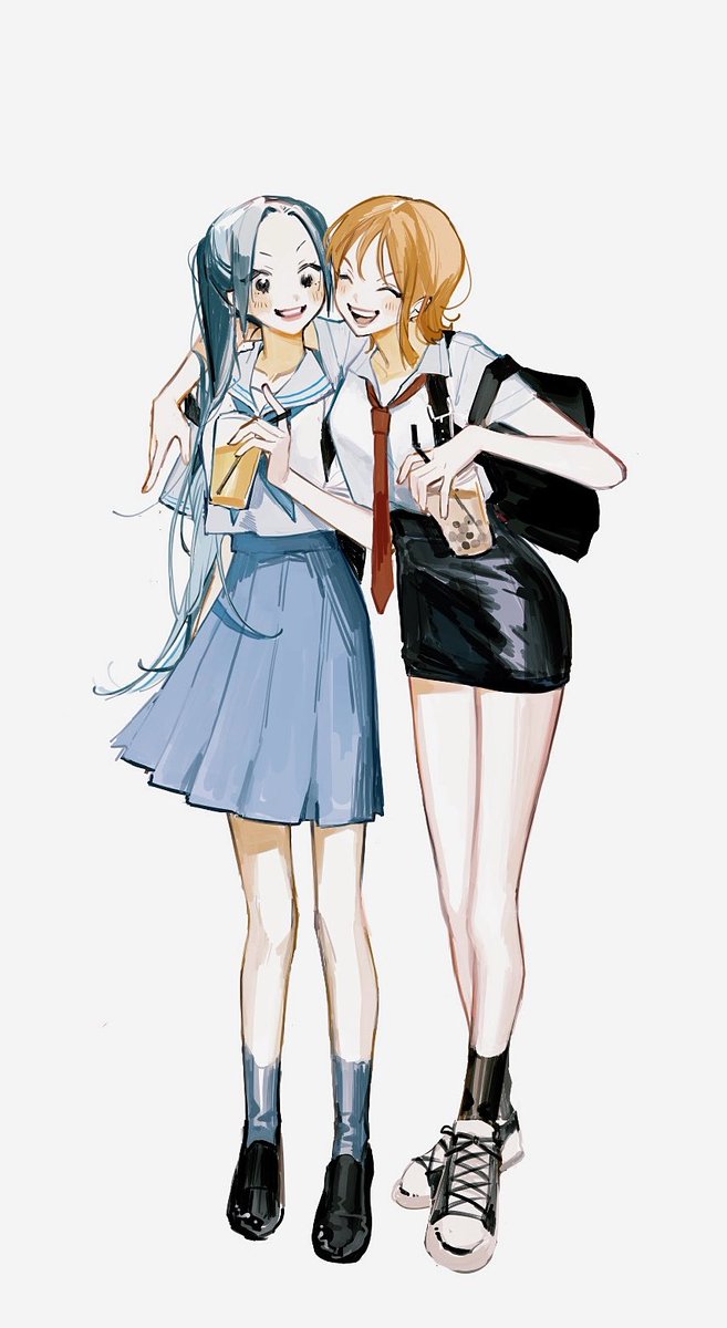 nami (one piece) 2girls multiple girls skirt necktie long hair bag school uniform  illustration images