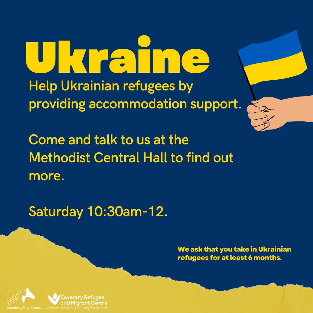 ICYMI: This Saturday we will be at the Methodist Central Hall in the City Centre to speak people who wish to support and host Ukrainian refugees. 

We will be there from 10:30am-12 to discuss how CCC and our partners @crmccov can support host families and Ukrainian refugees. 1/2.