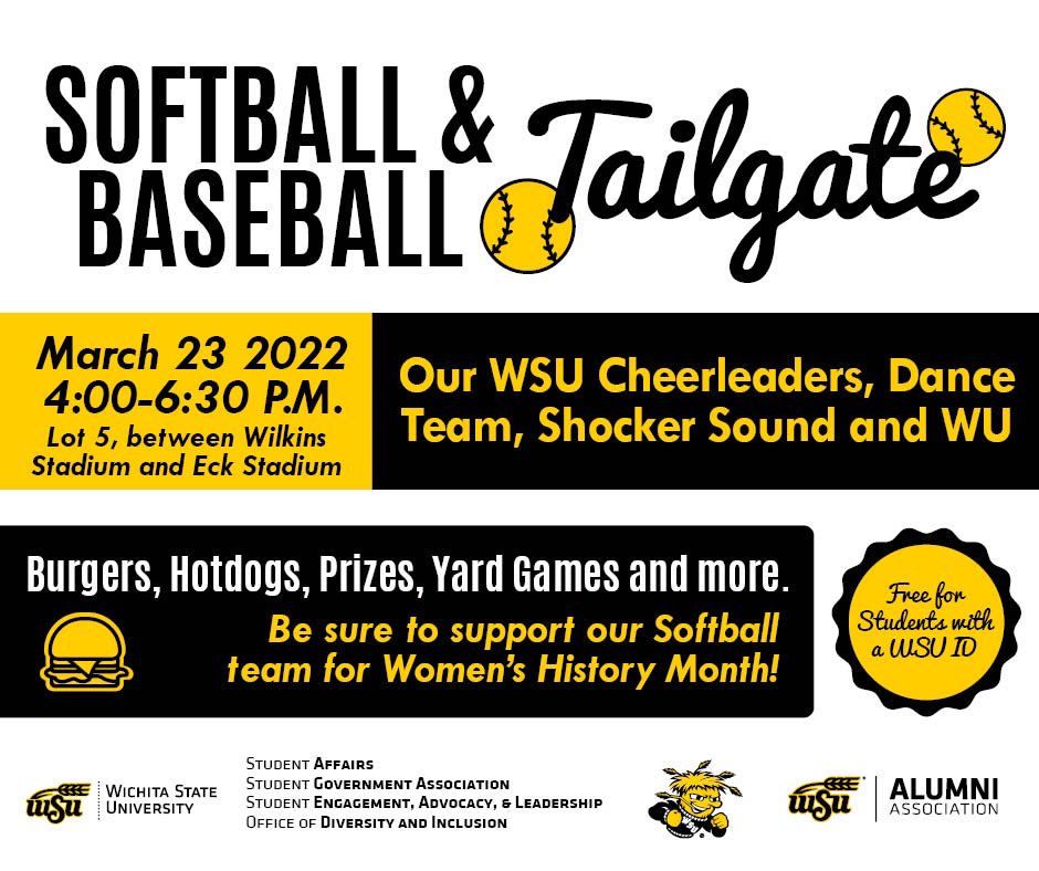 Join SGA, SEAL, ODI, Alumni Association, Student Affairs and Athletics for a Softball and Baseball Tailgate on Wednesday, March 23rd. Free food and prizes for students with an WSU ID