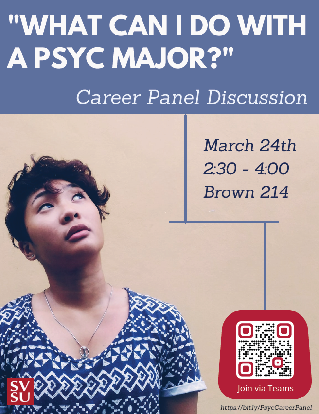 PsychologySvsu's tweet photo. CAREER PANEL NEXT WEEK!
Thursday 3/24 starting at 2:30pm in B214
Also on Teams at: https://t.co/9D0YDv07Mv
Join us for a chat about career-building strategies at the Bachelor's-Level for psychology majors. Guest speakers and snacks too!
#SVSU
#WePsych
#GetThatJob https://t.co/zk3teXf9x7