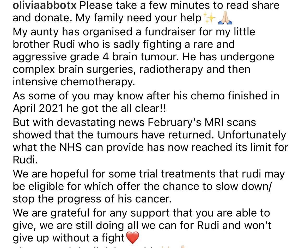 My family need your help✨🙏🏻 
Please help us spread awareness for Rudi. Unfortunately what the NHS can provide has now reached its limits for him but will not give up.
A fundraiser has been organised to contribute to the cost of some trial treatments that he may be eligible for❤️