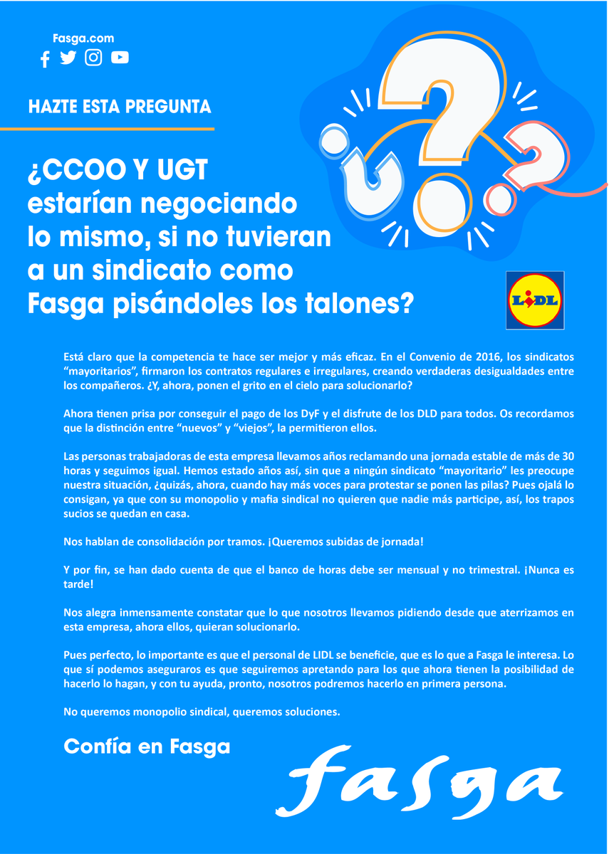 Valorianenred's tweet photo. EMPRESA LIDL ¿CCOO Y UGT ESTARÍAN NEGOCIANDO LO MISMO, SI NO TUVIERAN A UN SINDICATO COMO FASGA PISÁNDOLES LOS TALONES?
Más información: https://t.co/cobcGkeOug
#FasgaCercadeti #FasgaInnovandoContigo #FasgaContigo https://t.co/jUfwHubKGc
