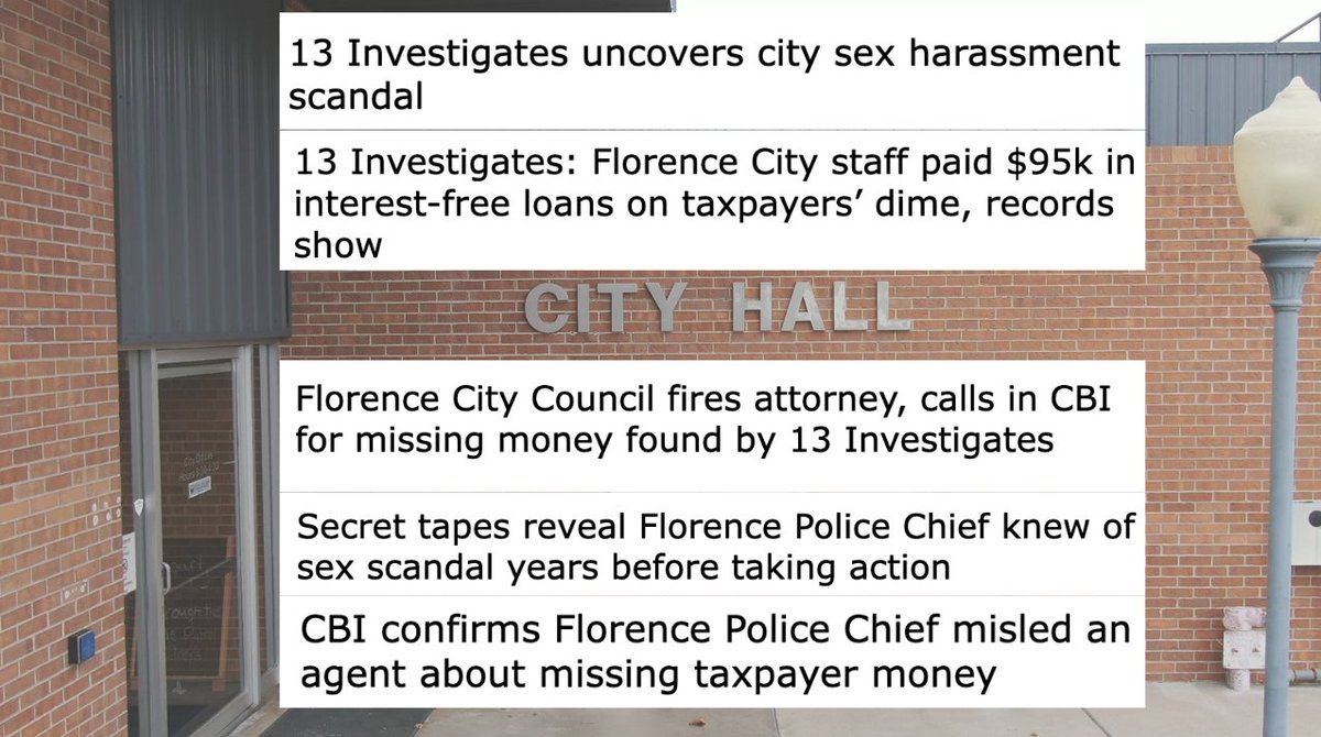 Let's recap what @KRDONC13 #13Investigates has recently uncovered in Florence, CO:

-Years-long city hall sex scandal 
-Missing taxpayer money from unauthorized interest-free loans to city executives
-Fraudulent use of COVID sick time
-Current police chief misled a CBI agent