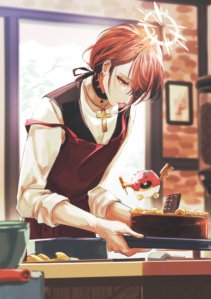 male focus 1boy apron halo food red hair looking down  illustration images