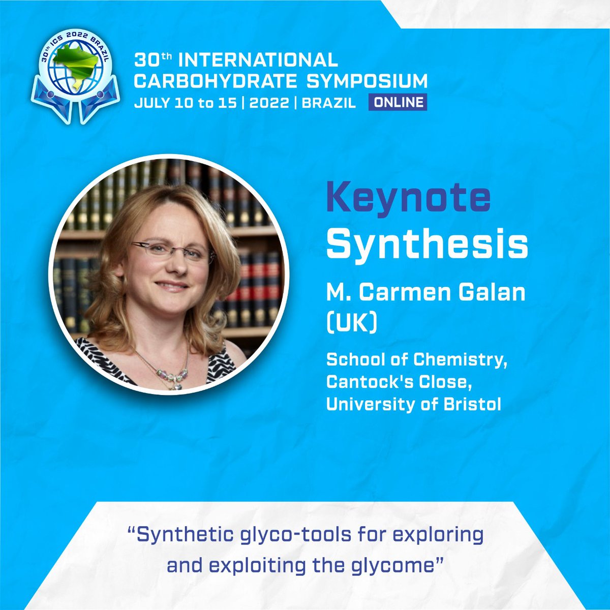 Directly from the School of Chemistry at the University of Bristol (UK), M. Carmen Galan (@MCGalan_Bristol) will give an important talk at the ICS2022:

“Synthetic glyco-tools for exploring and exploiting the glycome”

Are you ready for all this knowledge exchange? 📚