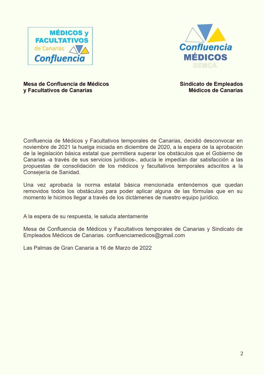 Ayer remitimos 3ª carta a <a href="/SanidadGobCan/">Sanidad Gobcan</a>; 2ª que se envía al Sr. Consejero #BlasTrujillo, tras un incalificable silencio de mes y medio.
Sr. Presidente <a href="/avtorresp/">Ángel Víctor Torres Pérez</a> ¿Su gabinete actúa así habitualmente o solo frente a los médicos de la Sanidad pública que dice tanto le importan?