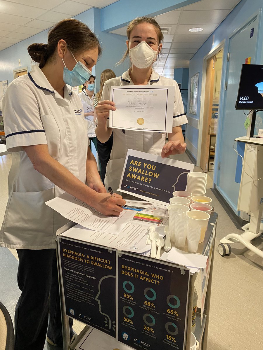 NNUH_SLT's tweet photo. Celebrated #SwallowAware2022 at @NNUH 🥳 Our MDT @NNUHdietetics, @NNUHphysio, @NNUH_OT, nursing staff and doctors tried thickened fluids and completed our ‘guess the food consistency’ quiz winning our #SwallowAware certificates🎉🥇 @RCSLT https://t.co/c6nEDM8QOt