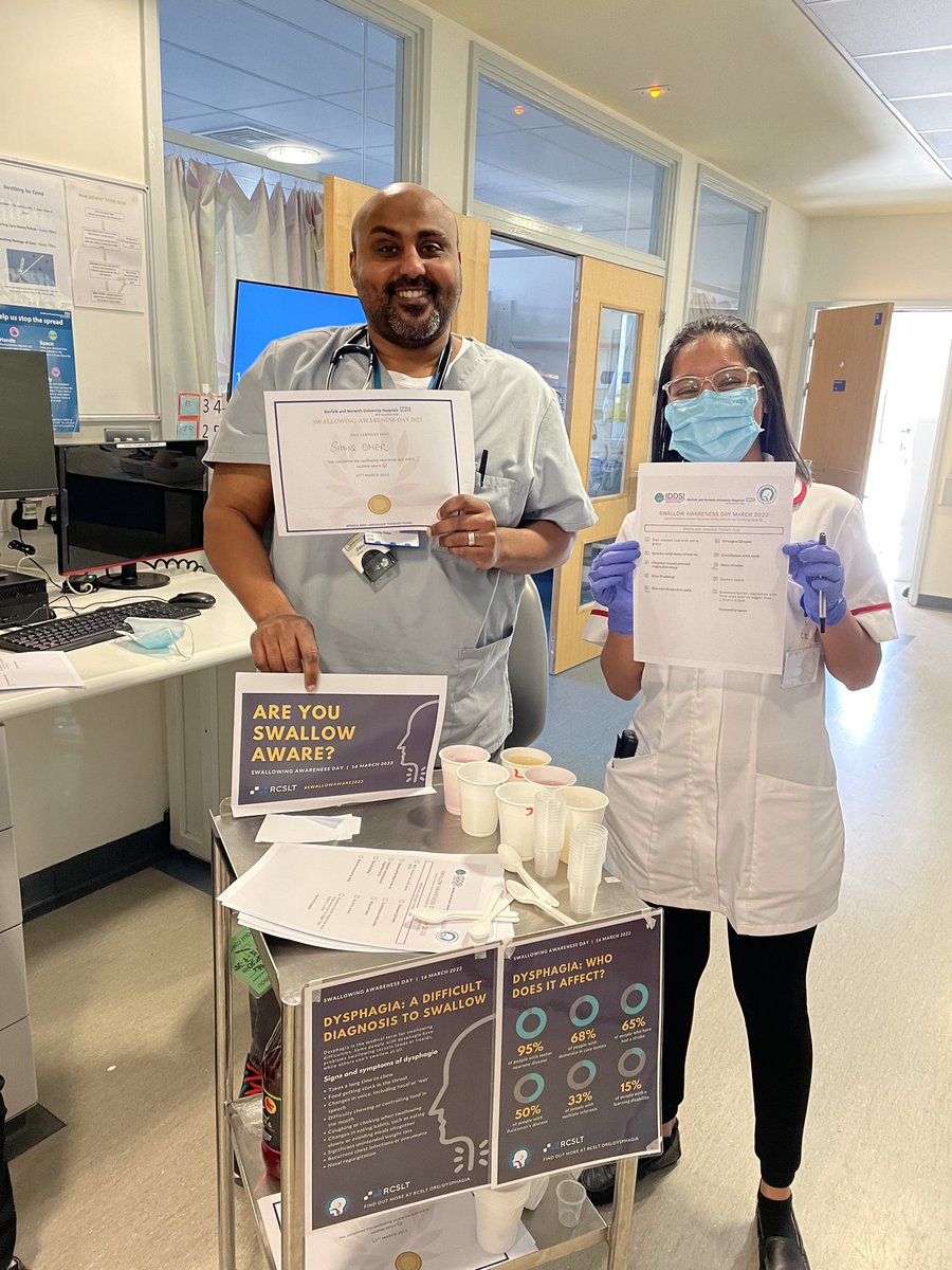 NNUH_SLT's tweet photo. Celebrated #SwallowAware2022 at @NNUH 🥳 Our MDT @NNUHdietetics, @NNUHphysio, @NNUH_OT, nursing staff and doctors tried thickened fluids and completed our ‘guess the food consistency’ quiz winning our #SwallowAware certificates🎉🥇 @RCSLT https://t.co/c6nEDM8QOt