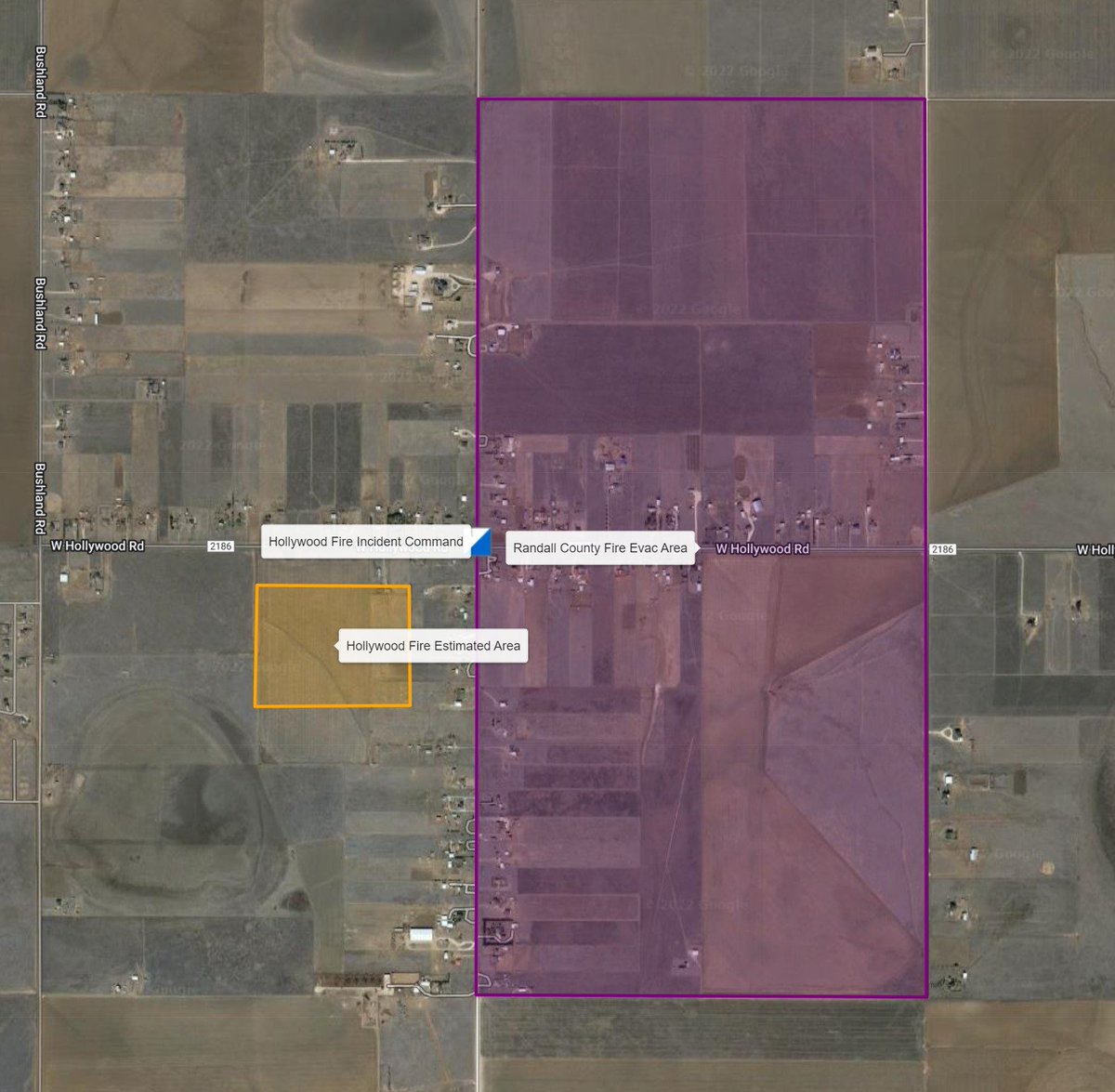 The AAOEM EOC is activated for a wildfire causing evacuations in an area bounded by Blessen Rd. and Hill Rd. &amp; Farmers to the north &amp; 1 mile south of 2186 (Hollywood) to the south.
Evacuations are voluntary &amp; recommended in this area. Please avoid the area &amp; areas to the south.
