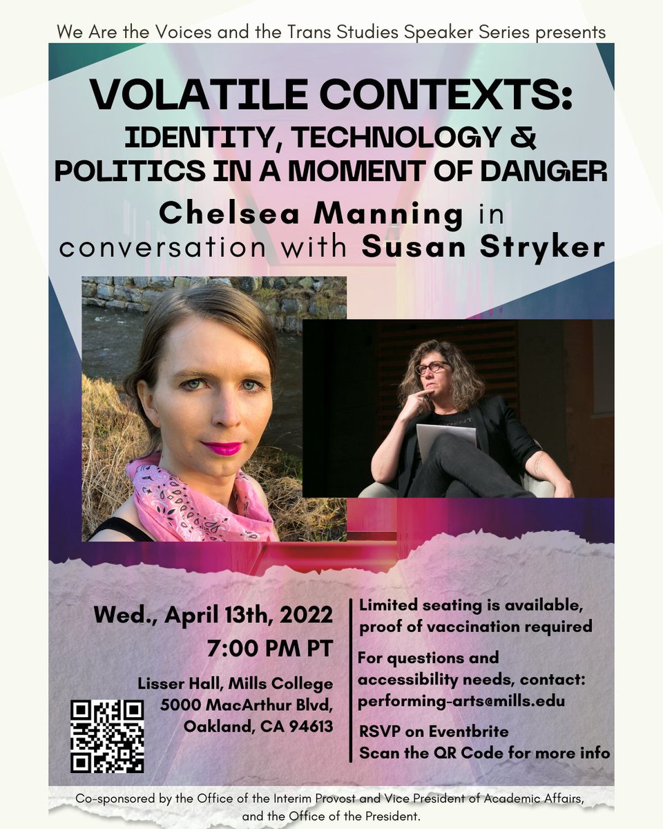 watv_oak's tweet photo. Our final event of the semester with Chelsea Manning.

Volatile Contexts: Identity, Technology and Politics in a Moment of Danger

4.13.22 @ 7 PM PT | RSVP for more: https://t.co/wyyRvEuW80.

#ChelseaManning #SurveillanceCulture #CarceralComplex #PrisonAbolition https://t.co/A6X7AxjyDO