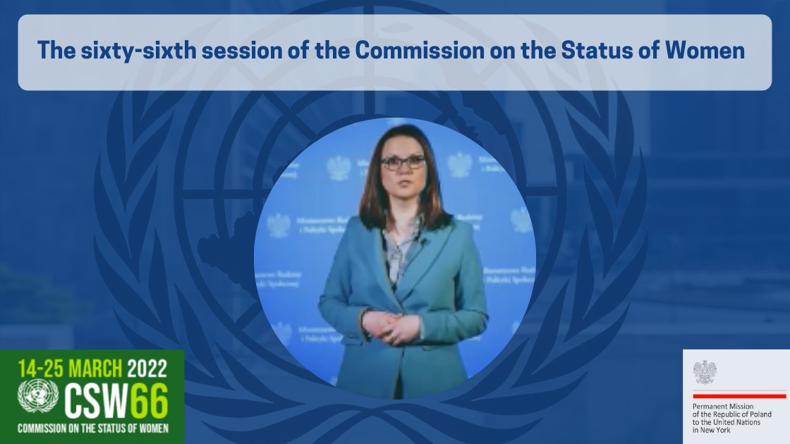 Ms. Anna Schmidt, Deputy Minister of Family and Social Policy and Government Plenipotentiary for Equal Treatment <a href="/MRiPS_GOV_PL/">_</a>, delivered #Poland’s 🇵🇱 national statement at the 66th session of the 🇺🇳 Commission on the Status of Women. #CSW66

Full text 👉: bit.ly/3MXXib4