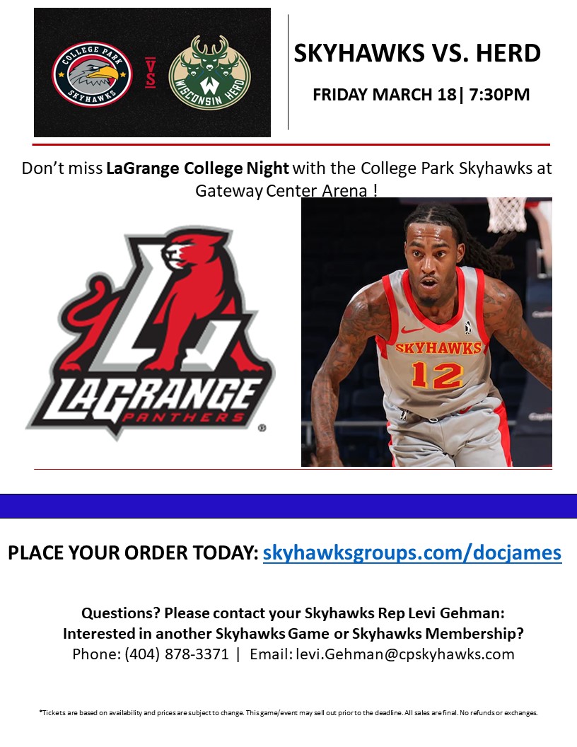 Preston_JamesIV's tweet photo. Join us. @LaGrangeCollege Night with the College Park Skyhawks. Friday March 18th. If in the ATL area come and join us. You can order for a friend and transfer them to that person. ORDER TODAY: https://t.co/EgZZPYcx53
@CollegePark_Ga
#lctakeover
#lcsmtakeover https://t.co/z9GGaxiwWL
