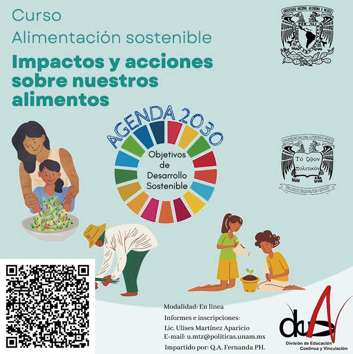 Hablemos de sostenibilidad: Te invitamos a nuestro nuevo curso sobre #AlimentaciónSostenible. Impactos y acciones sobre nuestros alimentos. Iniciamos el 28 de marzo. 

¡Inscríbete ya! 
u.mtz@politicas.unam.mx 

#UNAM #FCPyS #DECyV #Online #Sostenibilidad #DesarrolloSostenible