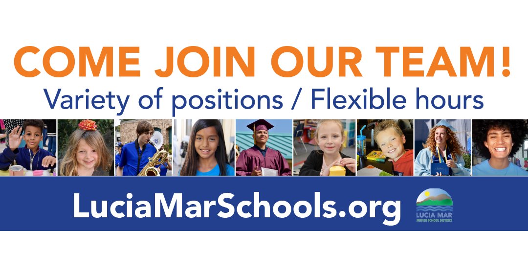 LuciaMarUnified's tweet photo. Lucia Mar is hiring! We a looking for teachers for cosmetology, special education, math, English, and more.  We are also hiring bus drivers, maintenance workers, secretaries, food services, and more. Check out our available positions on our website.

JOIN OUR TEAM! https://t.co/YrB8zAjMz9