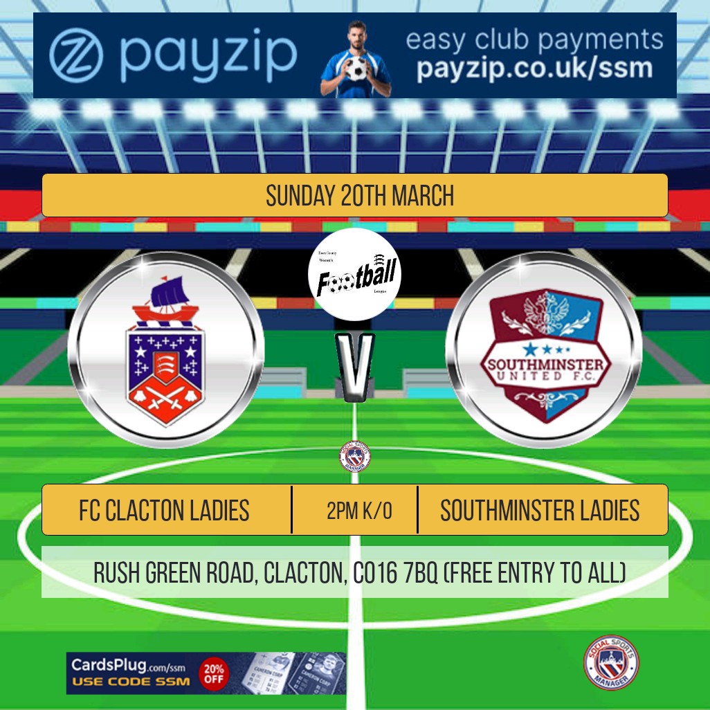 The Maddsys (@maddsys) on Twitter photo FC CLACTON LADIES FINAL FIXTURE OF THE SEASON! 😔⚽️⚪🔵Let's do this!
Sunday 20th March
<a href="/ClactonLadies/">FC Clacton Ladies</a> V <a href="/SouthminsterUtd/">Southminster United FC</a> Ladies at 2pm!
FREE ENTRY TO ALL VISITORS, HOME OR AWAY.
Come join us ⚽️🏃♀️💙
<a href="/FC_Clacton/">FC Clacton</a>
<a href="/ecwfl/">Essex County Womens Football League</a> <a href="/Sillett_tractor/">⚽️🚜37🚜⚽️</a> <a href="/Steve_firspark/">Stephen Browne</a> <a href="/EssexCountyFA/">Essex County FA</a> <a href="/TendringMag/">Tendring Magazine</a> FC CLACTON LADIES FINAL FIXTURE OF THE SEASON! 😔⚽️⚪🔵Let's do this!
Sunday 20th March
<a href="/ClactonLadies/">FC Clacton Ladies</a> V <a href="/SouthminsterUtd/">Southminster United FC</a> Ladies at 2pm!
FREE ENTRY TO ALL VISITORS, HOME OR AWAY.
Come join us ⚽️🏃♀️💙
<a href="/FC_Clacton/">FC Clacton</a>
<a href="/ecwfl/">Essex County Womens Football League</a> <a href="/Sillett_tractor/">⚽️🚜37🚜⚽️</a> <a href="/Steve_firspark/">Stephen Browne</a> <a href="/EssexCountyFA/">Essex County FA</a> <a href="/TendringMag/">Tendring Magazine</a>