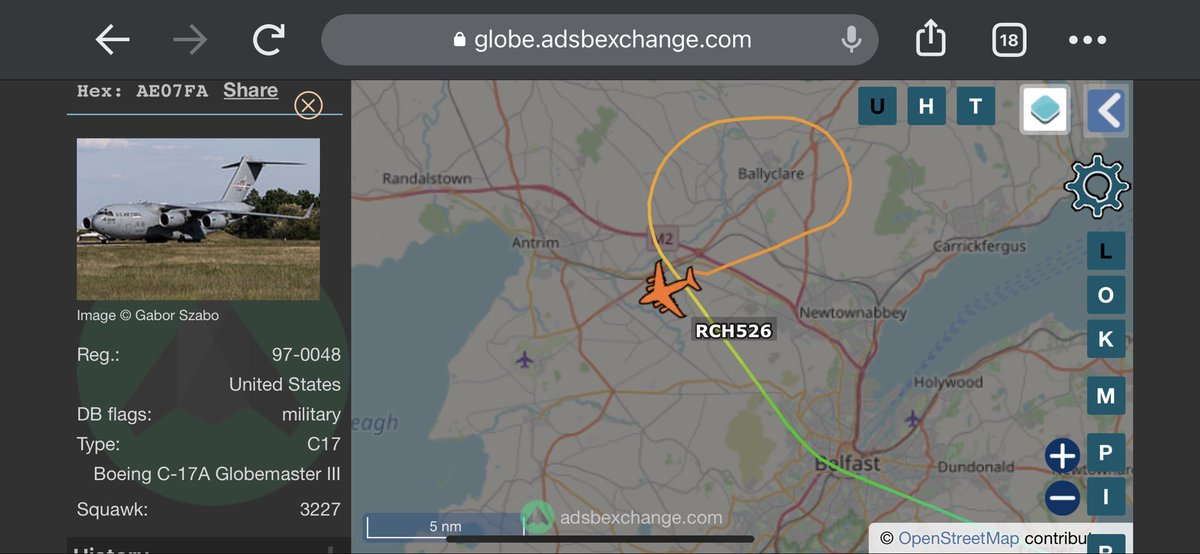 TheSnoopySnoop's tweet photo. #RCH526 

Descending in to #Belfast from Al Asad Air Base, Iraq, with a really unusual approach

C-17A Globemaster #AE07FA 97-0048 #USAF 

#haveglass #planespotting #milair #avgeek https://t.co/JJYjFG7WUC