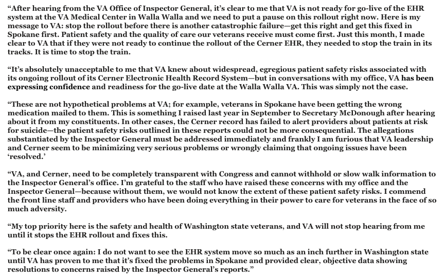 Very strong words from <a href="/PattyMurray/">Senator Patty Murray</a>, who calls for VA to stop Cerner EHR launch in Walla Walla:

“I do not want to see the EHR system move so much as an inch further in Washington state until VA has proven to me that it’s fixed the problems in Spokane."

Full statement below: