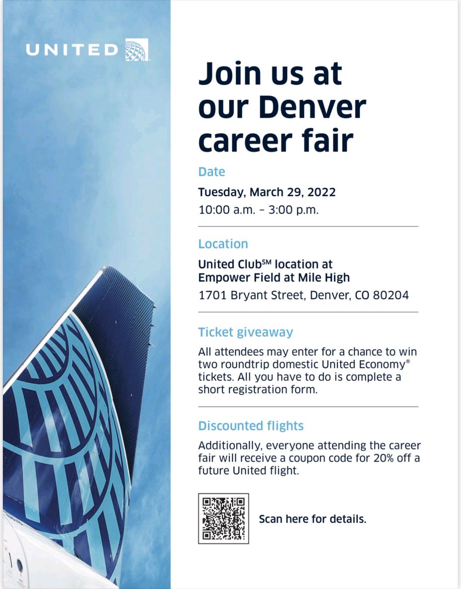 rhiannonleyte's tweet photo. Want to travel the world AND start a new exciting career? You can do both! United Airlines is #hiring! Join us at our DEN Career Fair to chat with some of our amazing employees about the different opportunities currently available! #unitedairlines #amazingbenefits #travel #career https://t.co/jO2Koyt2AG