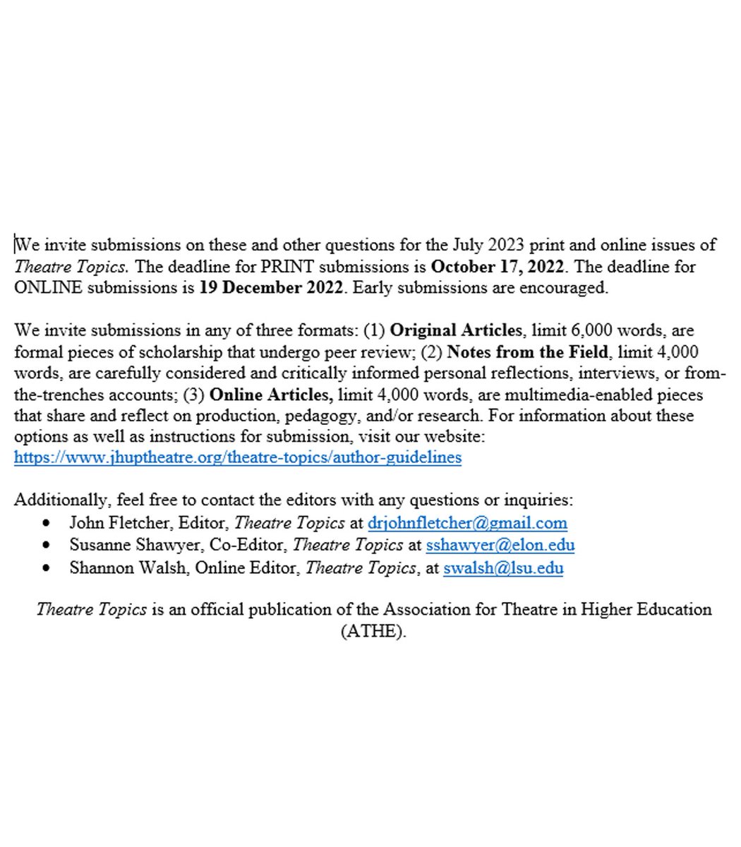 Excited to reveal the theme and CFP for our 2023 special issue: "Citation." As Annabel L. Kim once quipped “Everybody cites.”  Our question is, from Broadway to the classroom, how does theatre cite?

Reach out to @ShawyerS and <a href="/slmwalsh/">Shannon Walsh</a>
 with further questions!