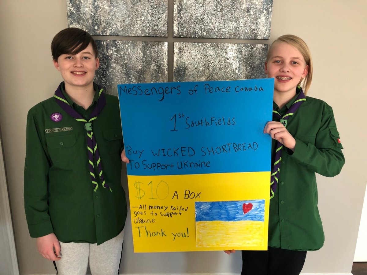 scoutscanada's tweet photo. Update from 1st Southfields (@cecscouts), who have been sending letters &drawings to Ukrainian Scouts to show support, in addition to fundraising through #WickedShortbread to support humanitarian aid efforts.
Together they sold 212 boxes & raised $736! π https://t.co/UMrPCGA5ah