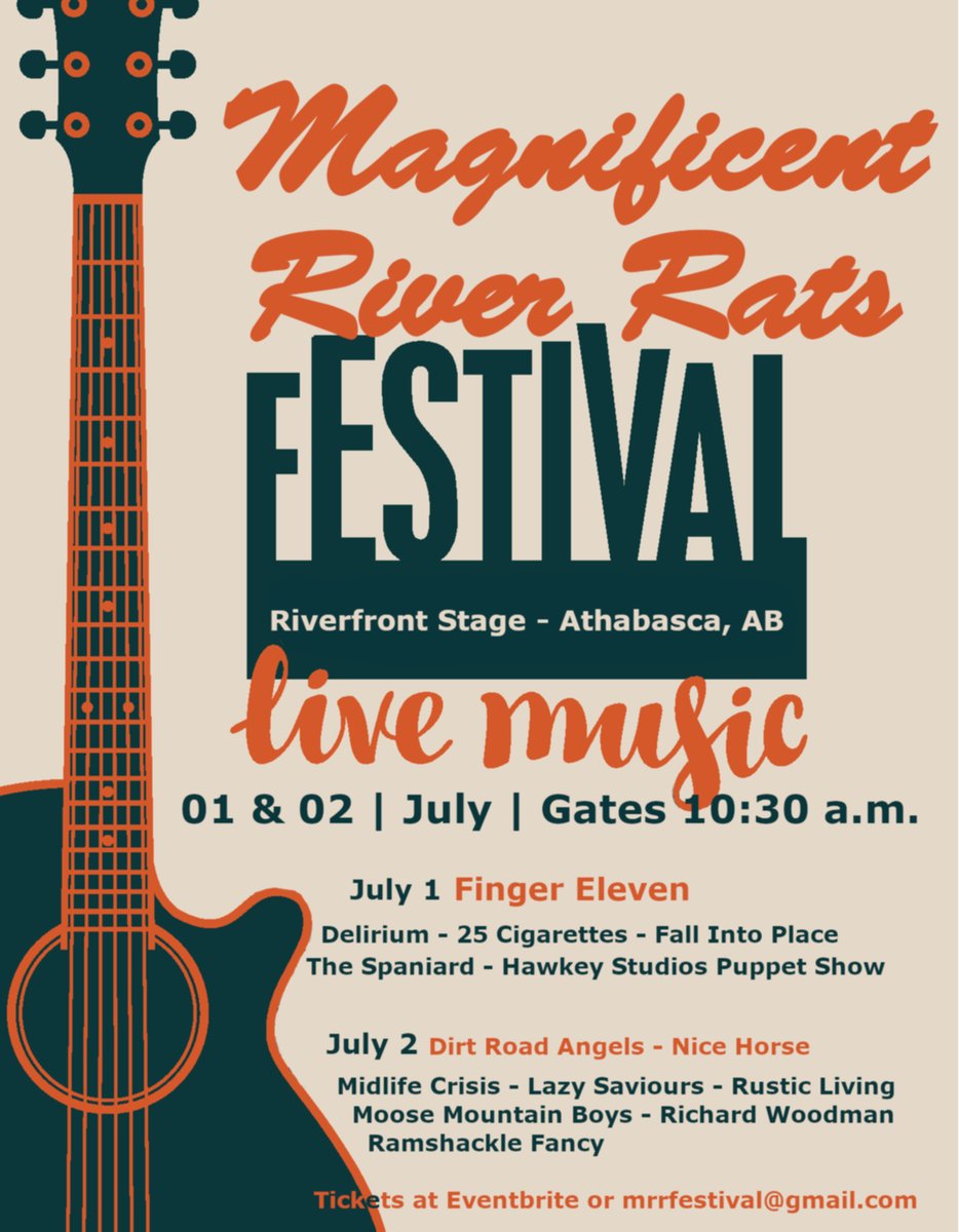 Join us for our 25th festival! TWO days of fabulous music with #FingerEleven headlining July 1. We have Dirt Road Angels and Nice Horse July 2 with tons of other music, entertainment, food trucks, markets, beer gardens, and children's activities. Tix at riverratsfestival.com