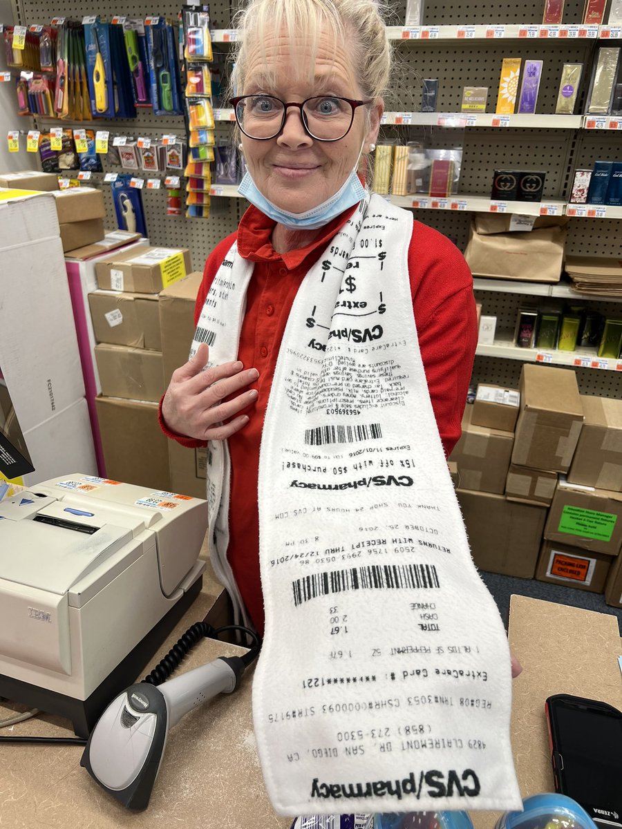 TheJackieBruno's tweet photo. Hi @cvspharmacy - we need this scarf sold in stores. This cashier in Raynham said a friend made it for her! It’s perfect! Lol #cvsreceipt #scarf #funny https://t.co/2T3mzeWxxw