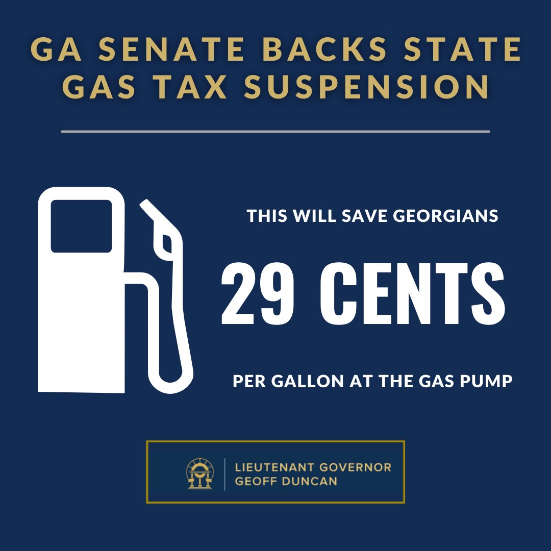 GeoffDuncanGA's tweet photo. BREAKING: The Senate just voted to send a temporary suspension of GA’s gas tax to @GovKemp’s desk for final approval. We’re stepping up to the plate under the Gold Dome to make sure Georgians can keep their hard-earned dollars. #gapol https://t.co/D3rcmwu4Gy