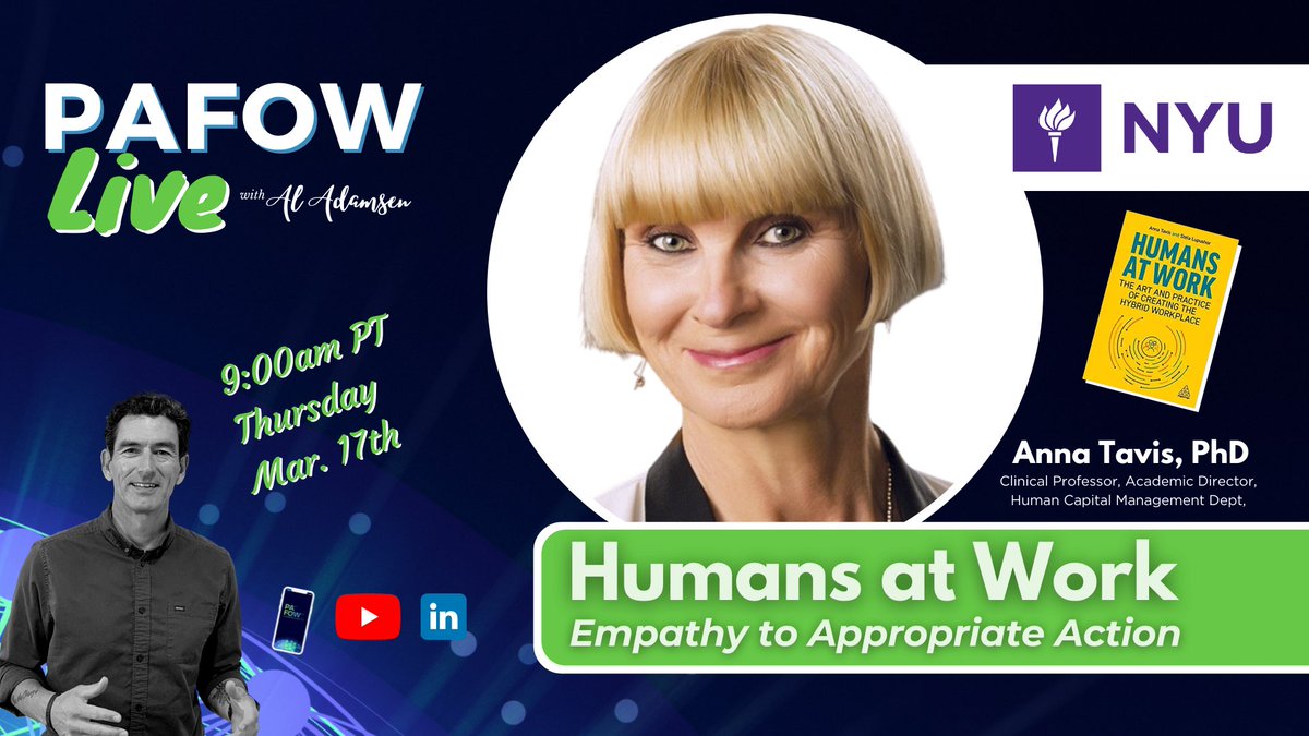 Livelihoodio's tweet photo. 9:00am PT today, 3/17, Anna Tavis, Phd of NYU and co-author of Humans at Work discusses how to bring Empathy to life in organizations. Join Anna &amp; @aladamsen on LinkedIn Live: https://t.co/ETuW4c5qZt or here on Twitter. #PeopleAnalytics #futureofwork #Empathy #HumansatWork https://t.co/OaBD3VacLA